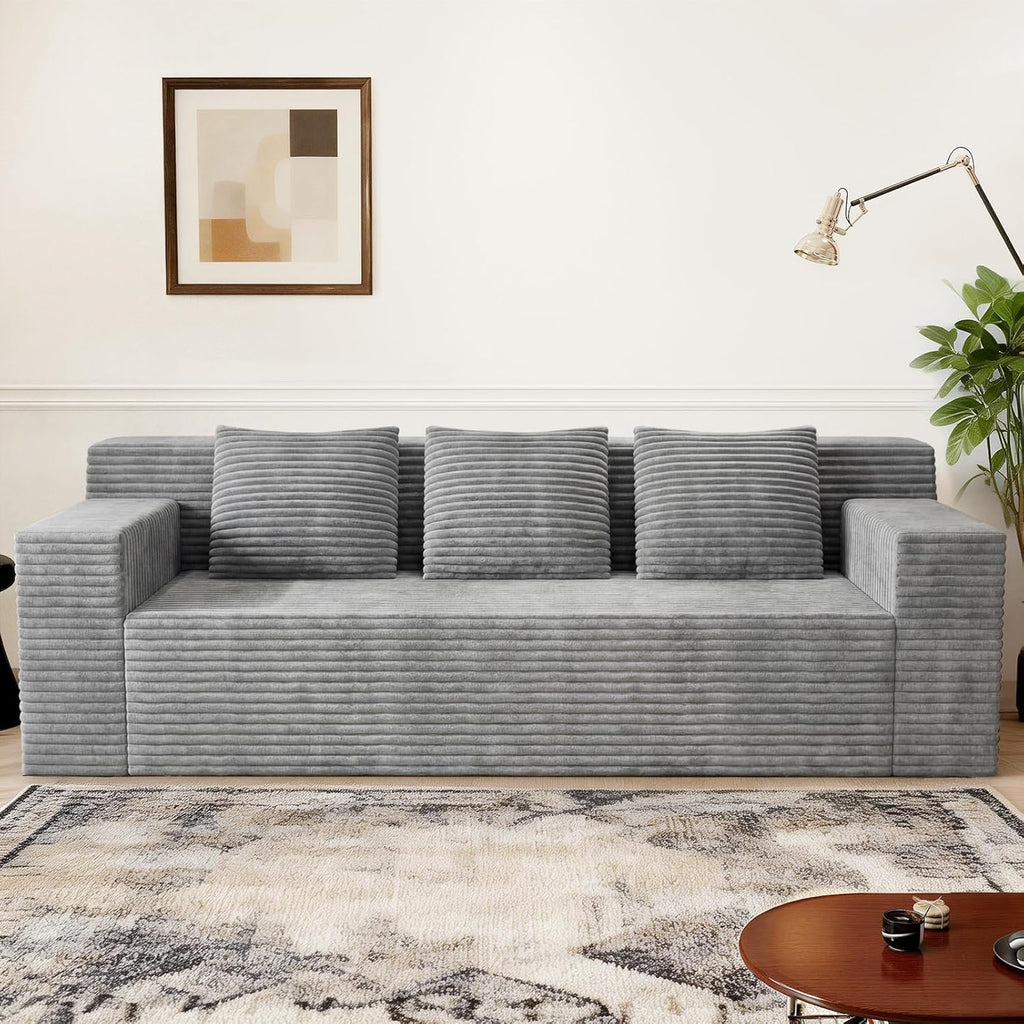71" Corduroy Living Room Sofa, 3 Setaser Deep Seat Couch with 3 Lumbar Pillows, Comfy Boneless Sofa Modern Compressed Couch for Bedroom, Office, Apartment, No Assembly, Flat Armrests (Light Grey)