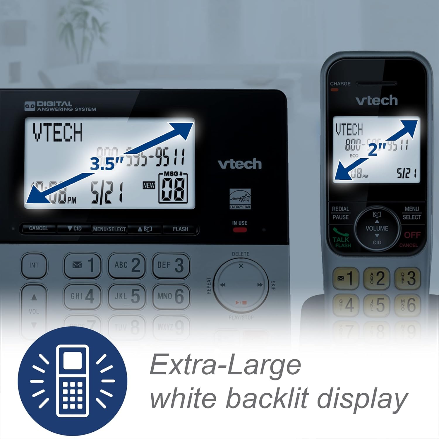 VTech VG208-2 DECT 6.0 Corded/Cordless Phone System with 2 Handsets, Digital Answering Machine, Call Blocking, Caller ID, Large Backlit Display