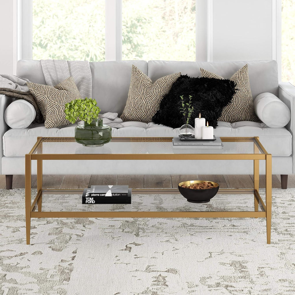 Henn&Hart 45" Wide Rectangular Coffee Table with Glass Shelf in Antique Brass, Coffee Table coffee tables for living room, studio apartment essentials