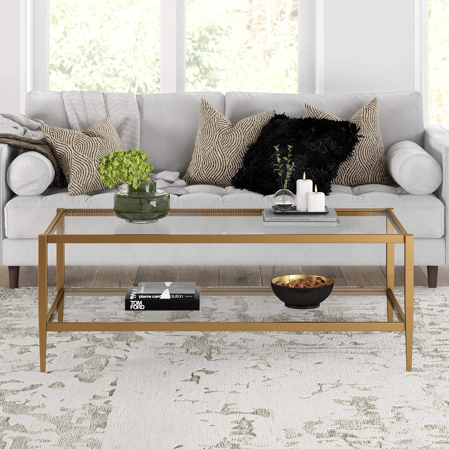 Henn&Hart 45" Wide Rectangular Coffee Table with Glass Shelf in Antique Brass, Coffee Table coffee tables for living room, studio apartment essentials