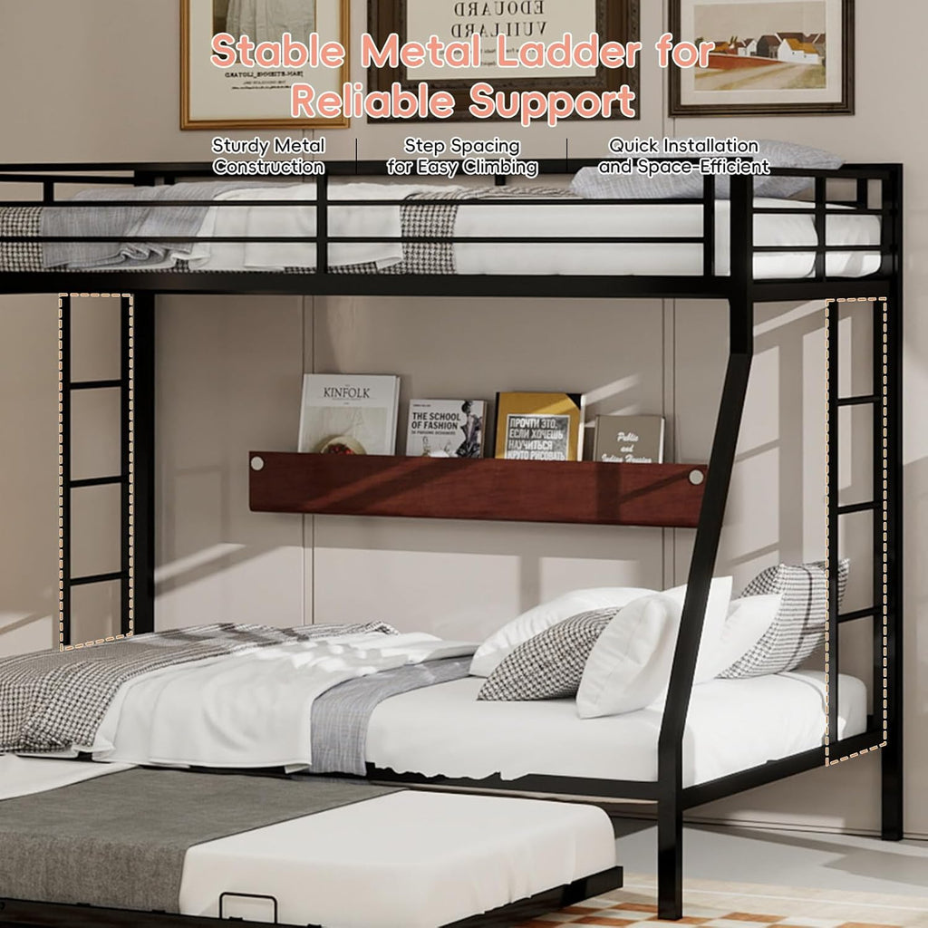 Twin XL Over Queen Bunk Bed with Trundle, Heavy Duty Metal Bunk Bed Frame with 2 Ladders and Full-Length Guardrail, Space-Saving Bunk Beds for Kids Teens Adults, No Box Spring Needed, Black
