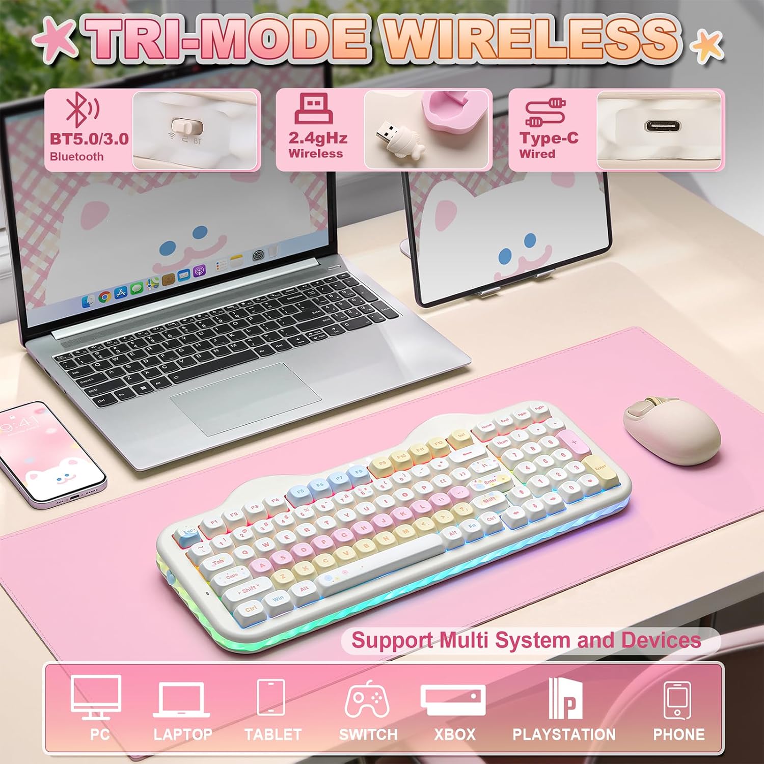 YUNZII C98 Wireless Mechanical Keyboard with Number Pad,99 Key BT5.0/2.4G/USB-C Hot Swap Gasket Mount with PBT MOA Keycaps,Custom RGB,Cute Cake Keyboard for Win/Mac (Beige, Milk V2 Linear Switch)