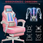 Meilocar Big and Tall Gaming Chair for Adults, 330lbs Heavy Duty Computer Chair with Footrest & Massage Lumbar Support, Wide Seat High Back Reclining Desk Chair, Pink