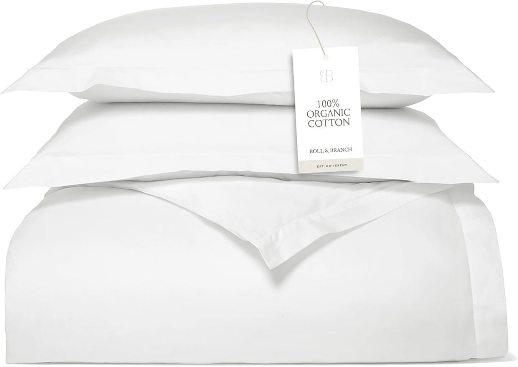 BOLL & BRANCH Signature Hemmed Duvet Set - Full/Queen, White - Luxury 100% Organic Cotton - 1 Duvet Cover, 2 Shams - Buttery Soft, Hidden Closures