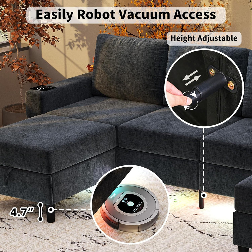 Sectional Couches for Living Room, 6 Seat Chenille Sectional Sofa with Smart Module-Wireless Charging/USB/Type-C/RGB Light, U Shaped Couch with 2 Movable Storage Ottomans (Dark Grey)