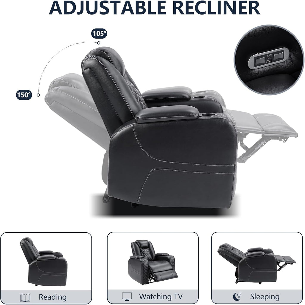 CANMOV Electric Power Recliner Chair with Adjustable Headrest,Breathable Faux Leather Home Theater Seating with Ambient Lighting,Cup Holders,Hidden Arm Storage,USB,Type-C Ports,Black