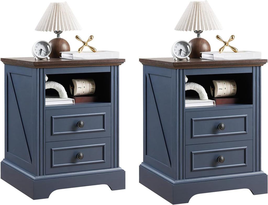 QUW Nightstand Set of 2 with Charging Station, Side Table with 2 Drawers and Open Storage, 18" Retro Bedside Table, End Table for Bedroom, Living Room, Blue