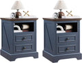 QUW Nightstand Set of 2 with Charging Station, Side Table with 2 Drawers and Open Storage, 18" Retro Bedside Table, End Table for Bedroom, Living Room, Blue