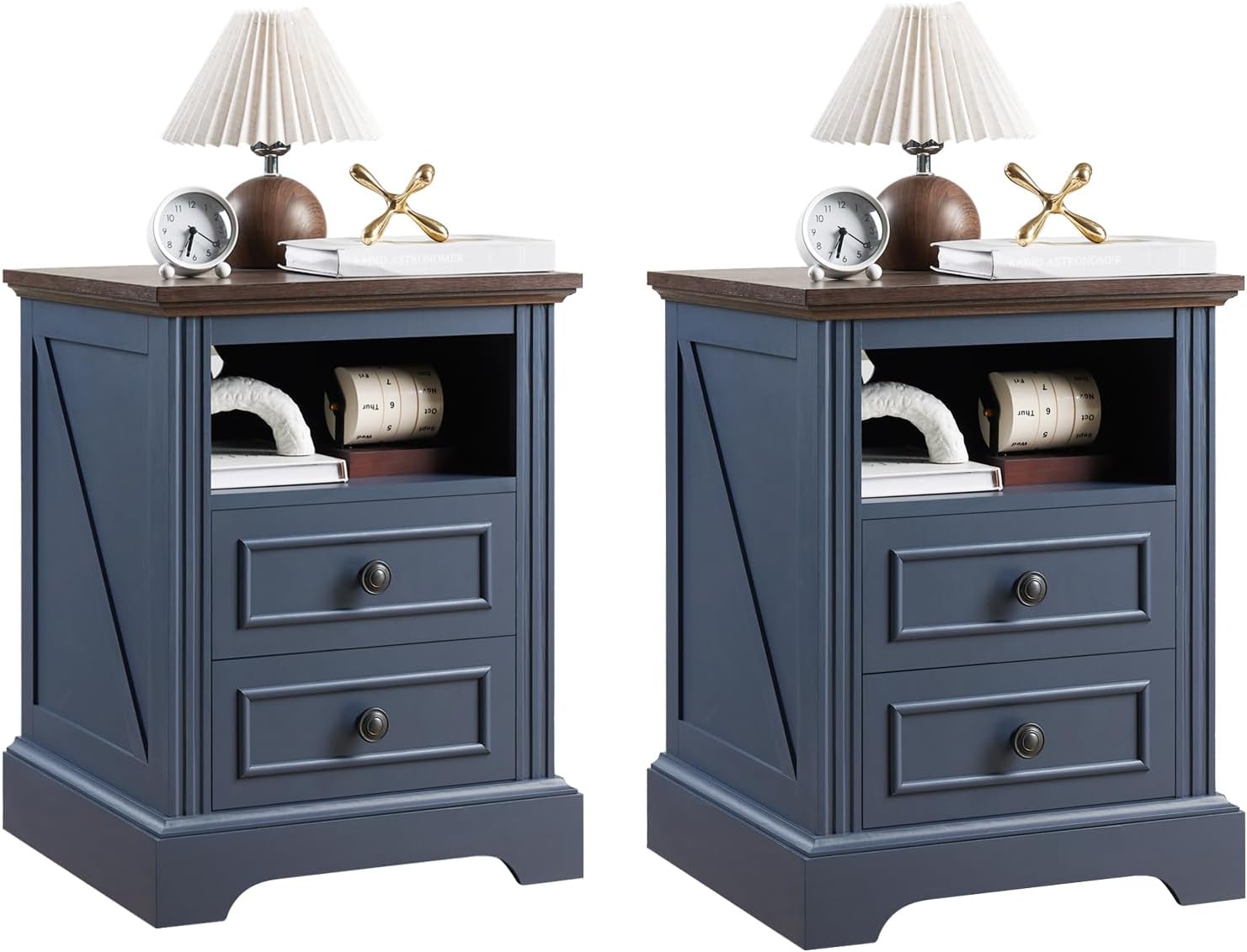 QUW Nightstand Set of 2 with Charging Station, Side Table with 2 Drawers and Open Storage, 18" Retro Bedside Table, End Table for Bedroom, Living Room, Blue