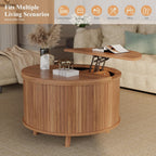 Easyego Lift Top Coffee Table for Small Spaces, 31.5" Mid-Century Modern Wooden Round Table with Storage, Circle Fluted Center Table for Living Room, Work from Home & Apartment, Walnut