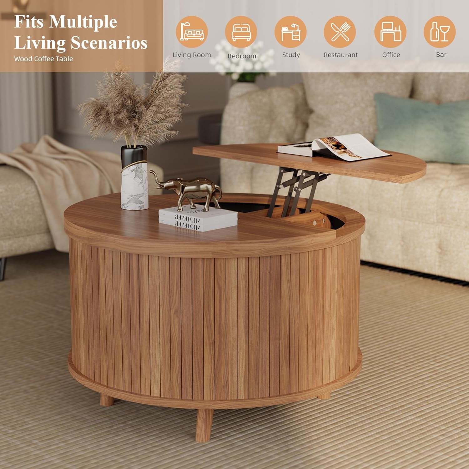 Easyego Lift Top Coffee Table for Small Spaces, 31.5" Mid-Century Modern Wooden Round Table with Storage, Circle Fluted Center Table for Living Room, Work from Home & Apartment, Walnut