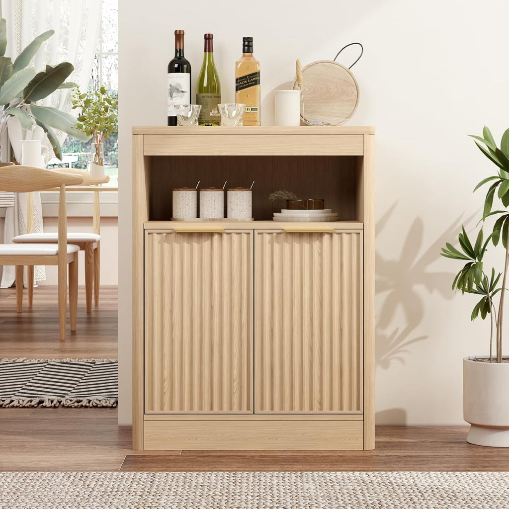 Fluted Buffet Cabinet with Storage, Small Coffee Bar Cabinet with Doors & Adjustable Shelves, Wood Storage Cabinet for Kitchen, Living Room, Entryway, Oak