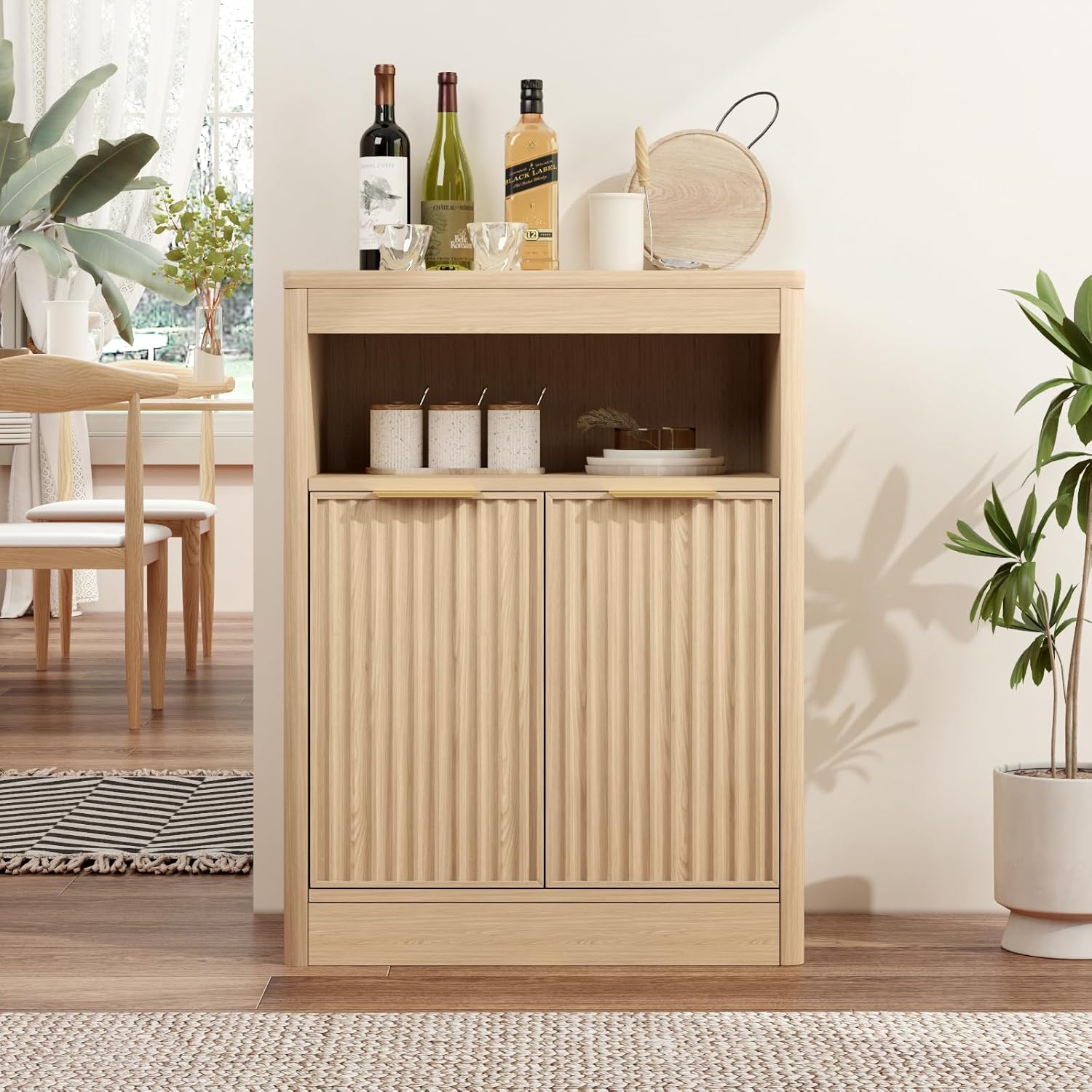 Fluted Buffet Cabinet with Storage, Small Coffee Bar Cabinet with Doors & Adjustable Shelves, Wood Storage Cabinet for Kitchen, Living Room, Entryway, Oak