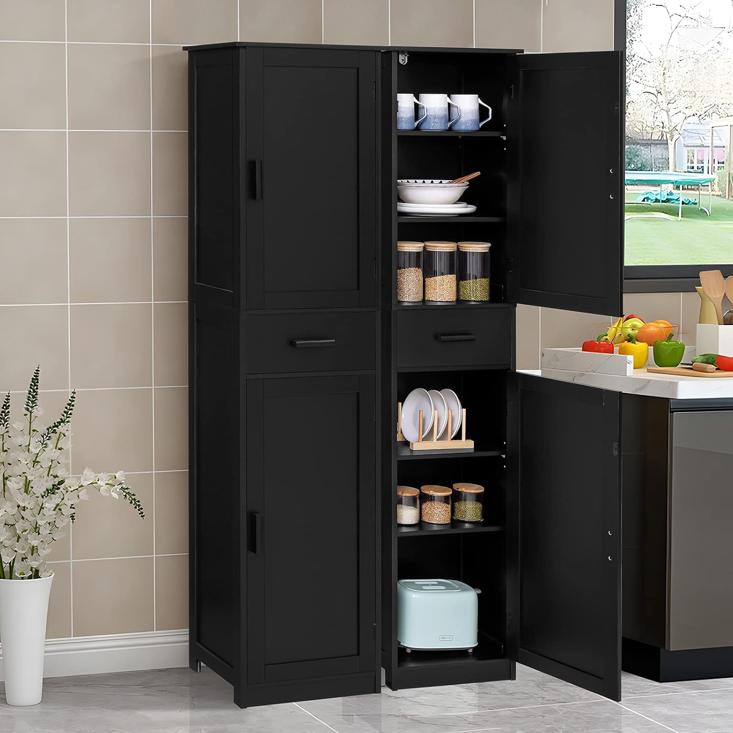 usikey 67'' Tall Storage Cabinet with 4 Shelves & 2 Doors, Bathroom Cabinet with 1 Drawer, Narrow Storage Cabinets for Bathroom, Living Room, Home Office, Black
