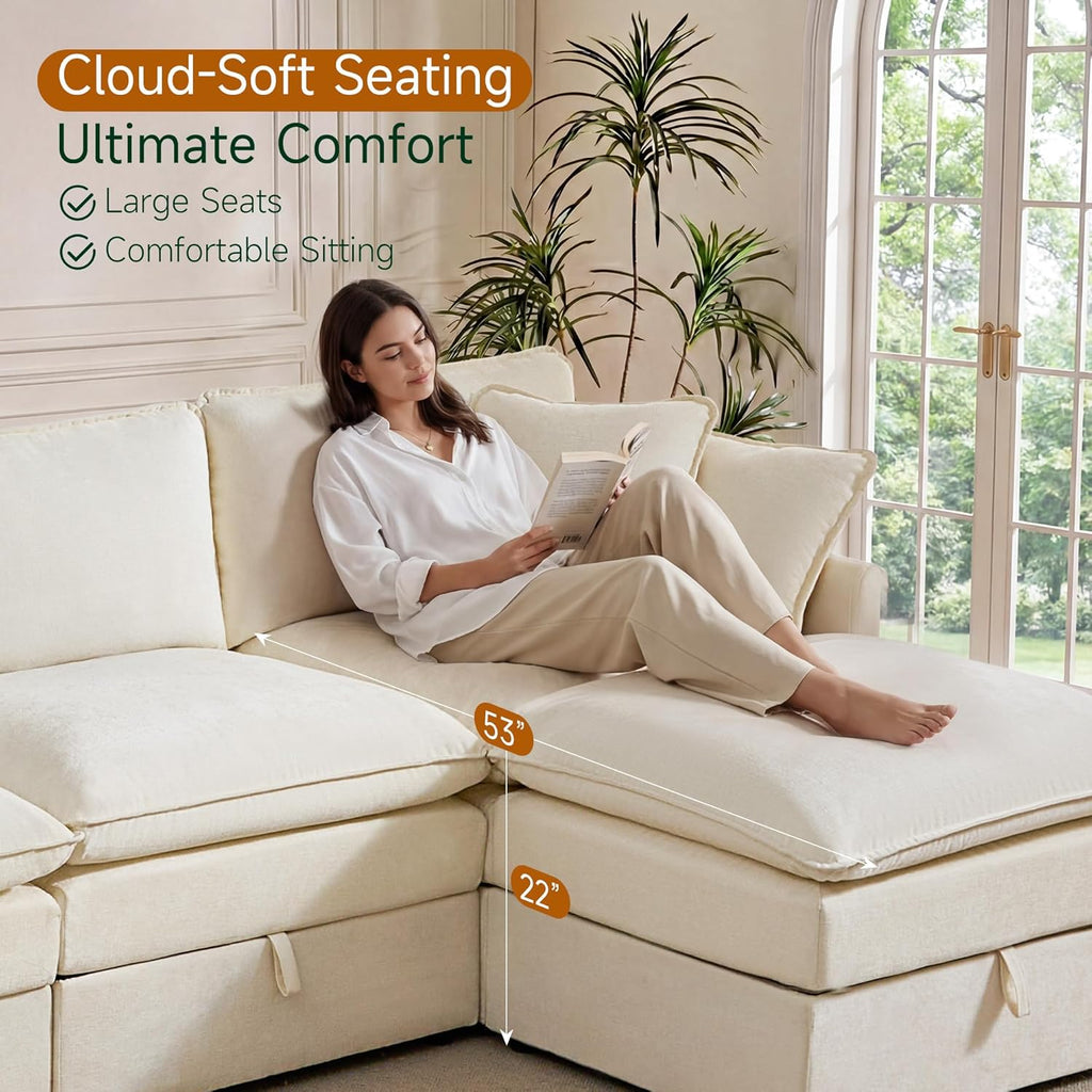 Modular Sofa with Storage, 135" U Shape Sectional Cloud Couch, Comfy Fabric Couch with Movable Ottoman, 6 Seat Modern Deep Seat Sofa for Living Room (Beige Chenille)