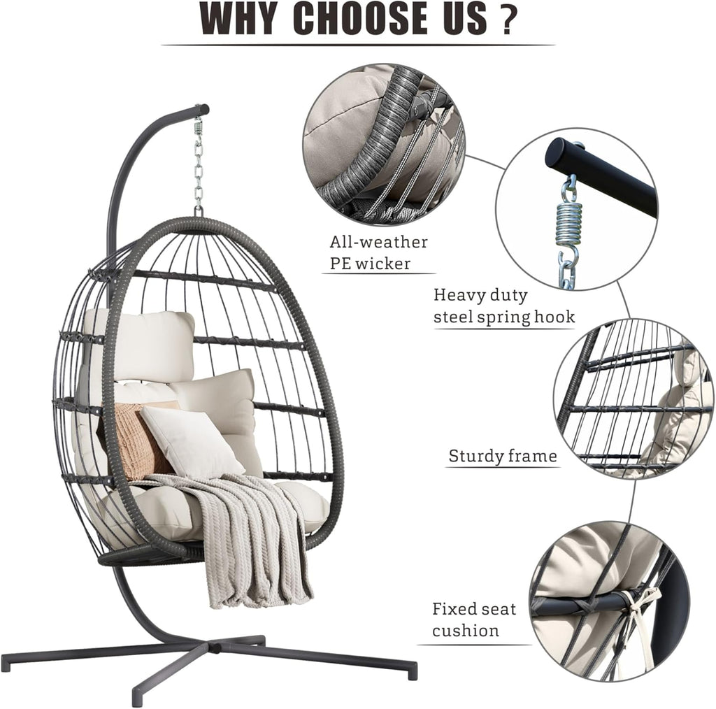 HWB Hanging Egg Chair with Stand, Swing Hammock Chair with Cushion for Indoor Outdoor, Patio Wicker Egg Swing Chair for Balcony Furniture, White