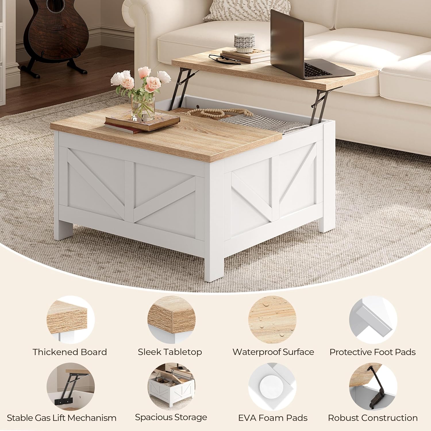 Yaheetech Farmhouse Lift Top Coffee Table with Storage, Square Coffee Table for Living Room, 31.5 Inches Center Tables with Large Hidden Storage Compartment for Home Office, White & Light Oak