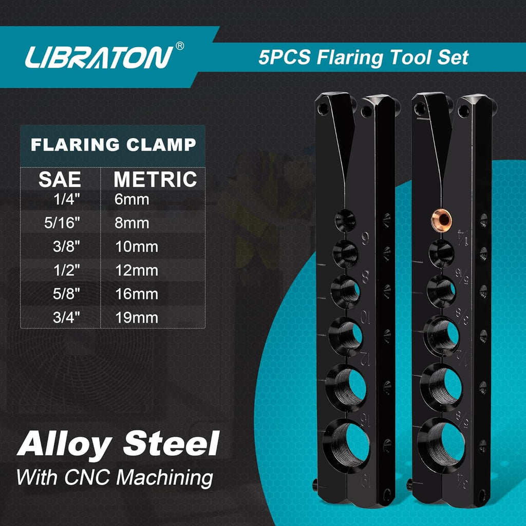 LIBRATON Flaring Tool, HVAC Flaring Tool Kit, Copper Flaring Tool, 45° Eccentric Single Flare Tool for 1/4''-3/4'' and 6-19mm with Pipe Cutter, Deburring Tool for Copper Aluminum Pipe