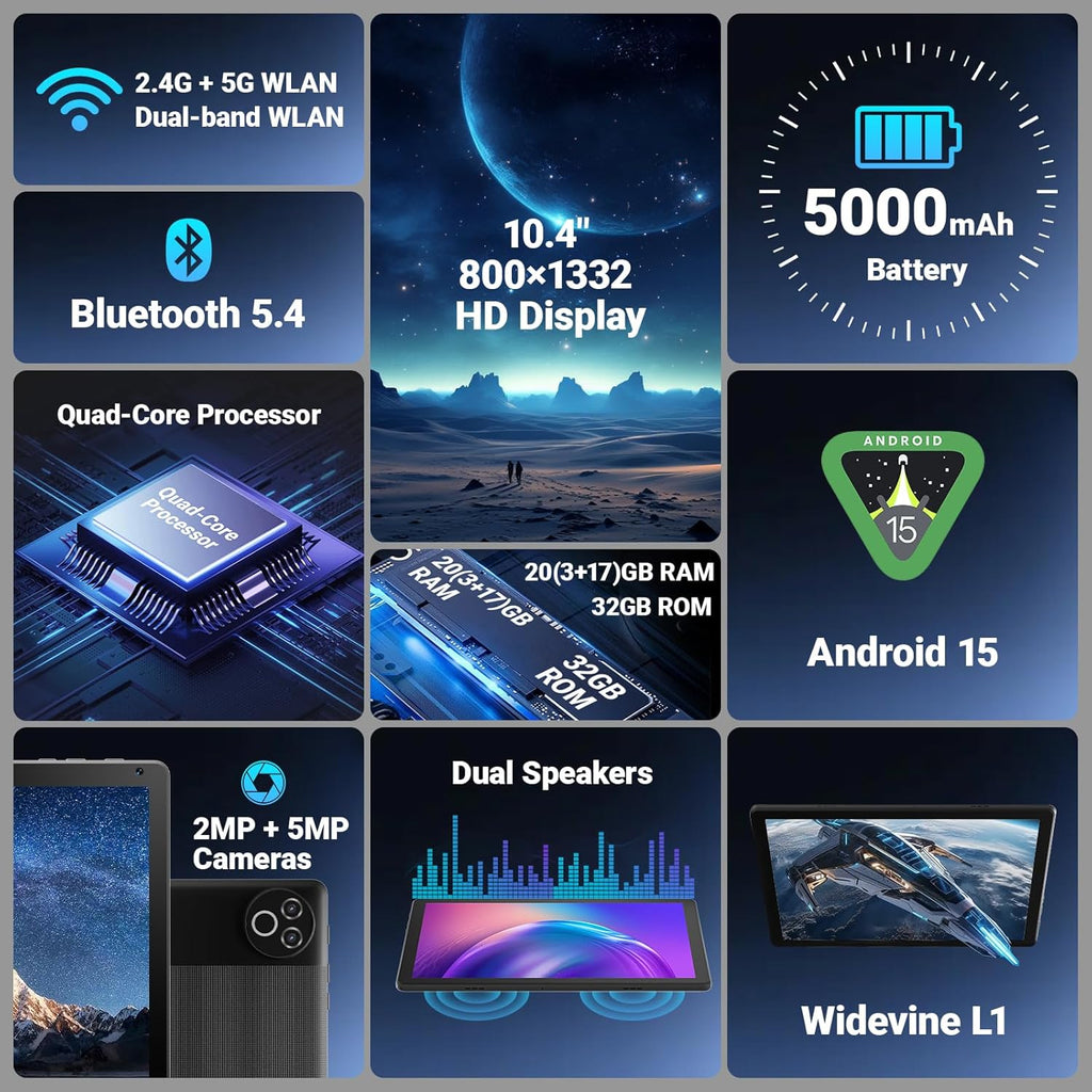 Android 15 Tablet 10 Inch, 16GB RAM 32GB ROM 1TB Expandable, Fast WiFi 6 & BT 5.4 Tablets 5-Core, HD IPS Touchscreen, 8H+ Battery, Dual Camera Portable Tablet for Kids & Adults, Gift, Streaming - 2026