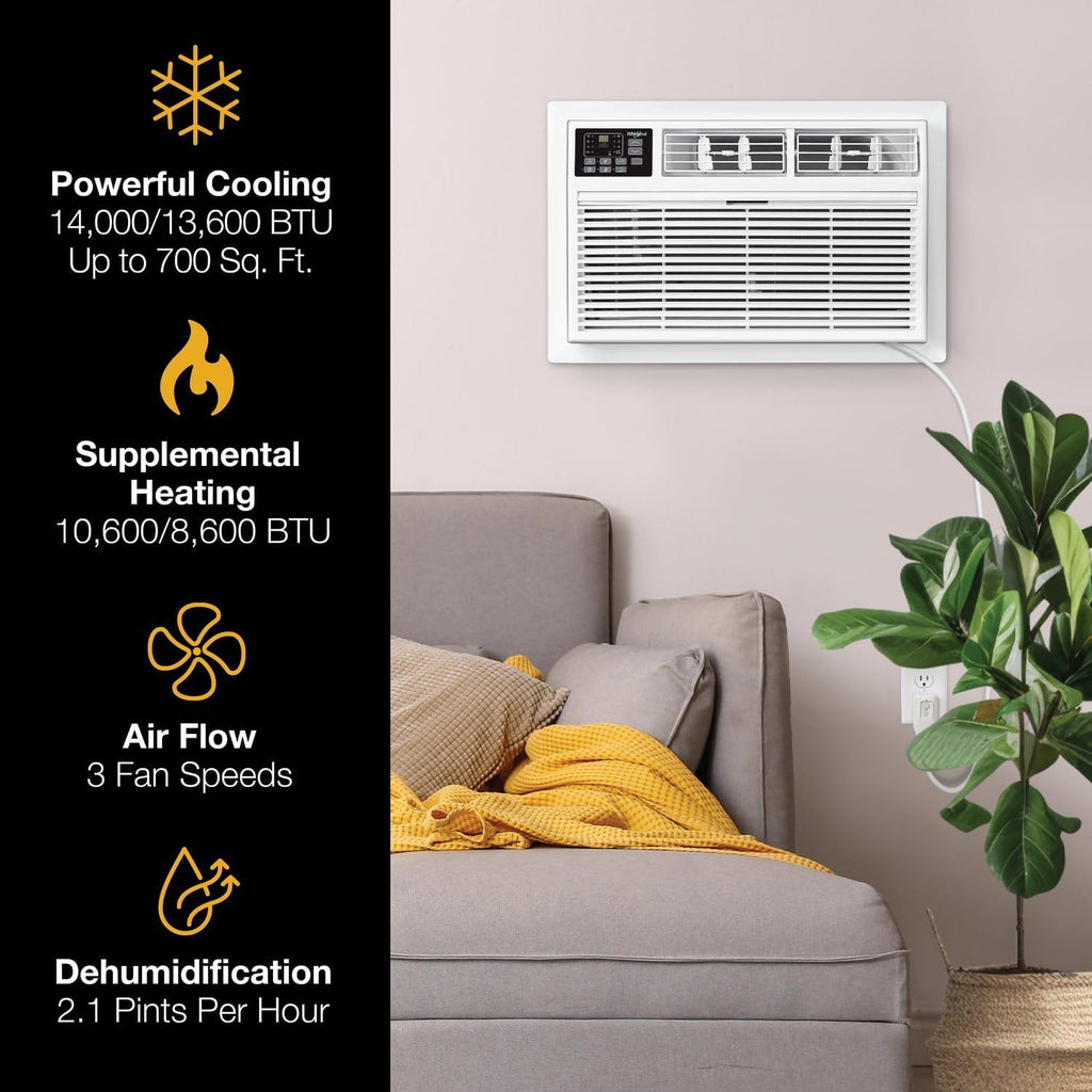 Whirlpool 14,000 BTU 230V Through-the-Wall Air Conditioner with Supplemental Heat, Dehumidifier and Remote, Wall AC Unit for Apartment, Living Room and Large Rooms up to 700 Square Feet in White