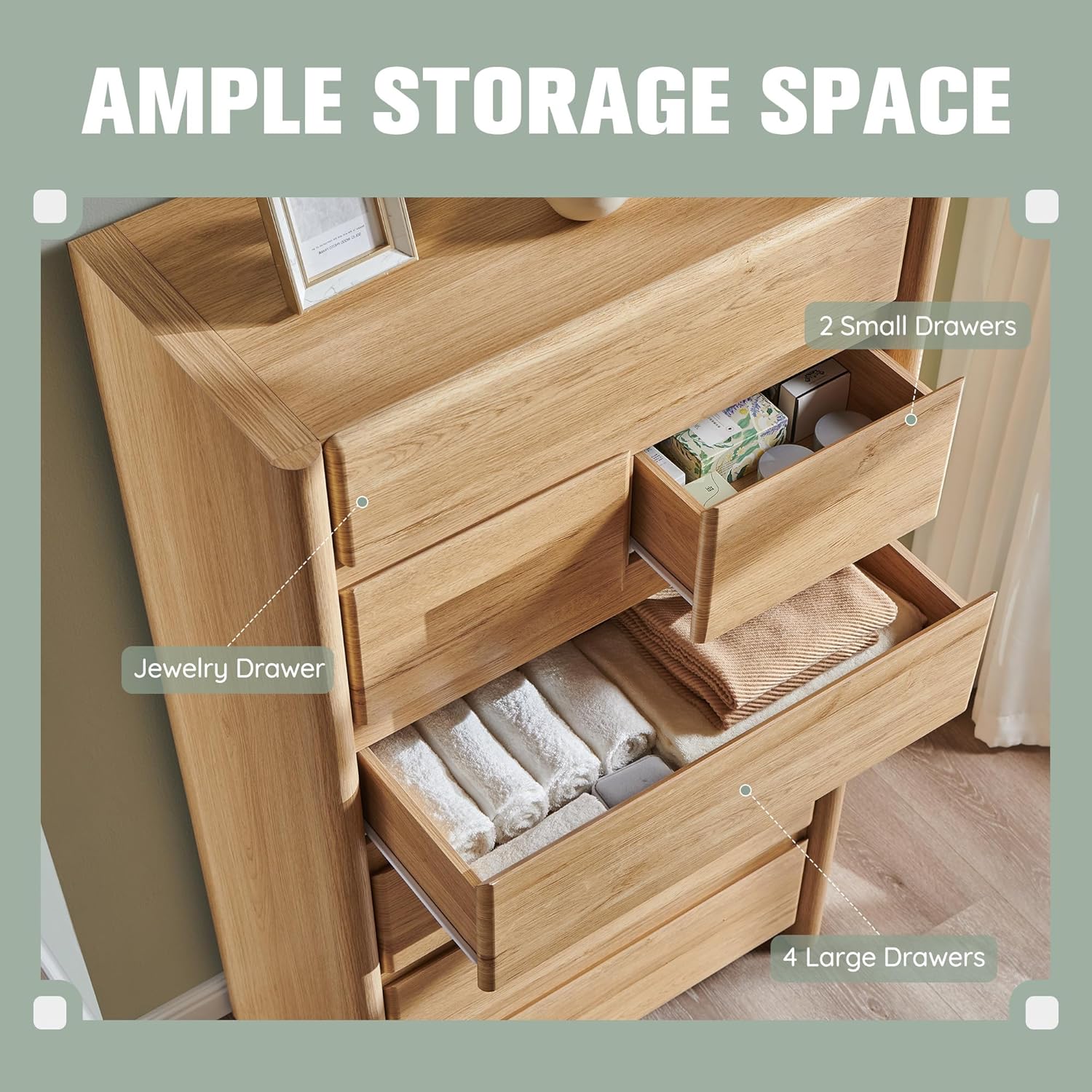 Modern 7 Drawers Dresser for Bedroom, 54.7" Tall Large Dresser & Chests of Drawers w/Rounded Corner, Wood Handleless Organizer Dresser w/Natural Texture for Bedroom, Living Room-Natural