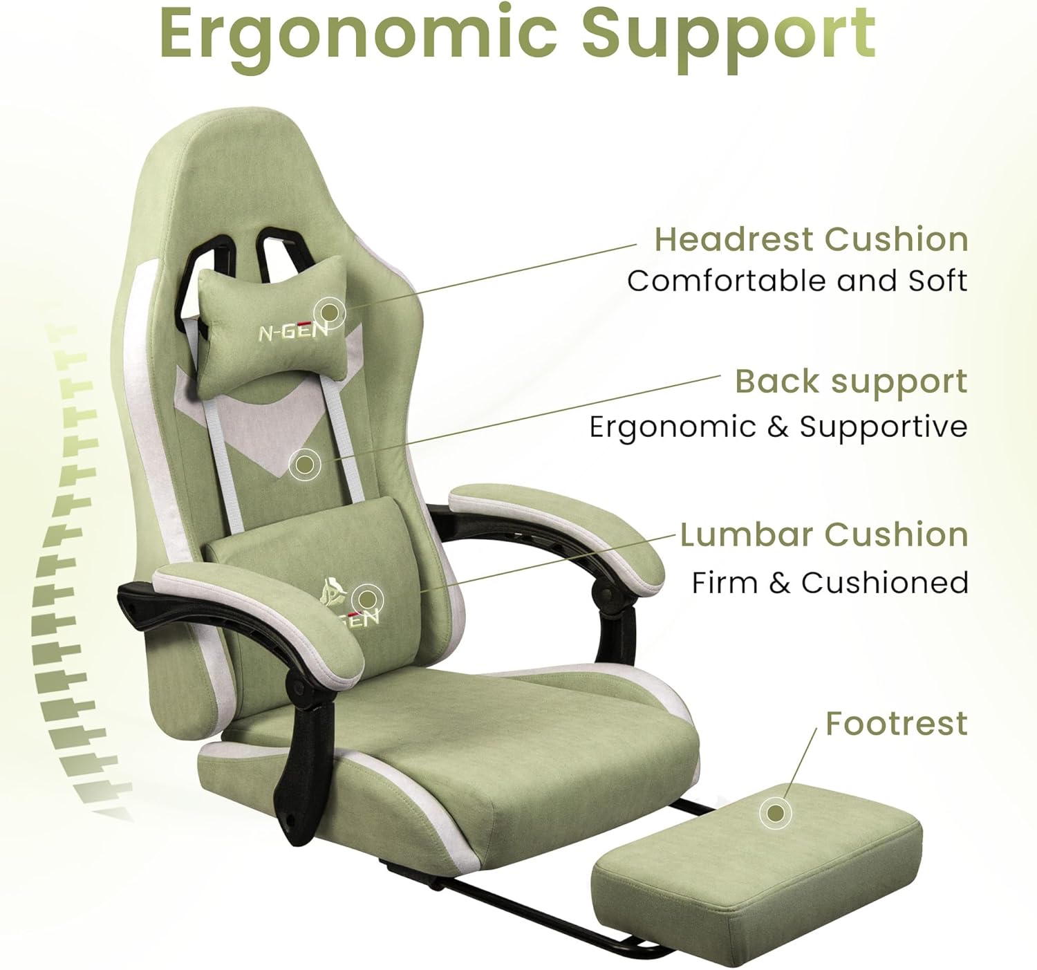 N-GEN GAMING Video Gaming Chair with Footrest Lumbar Support for Home Office High Back Recliner Height Adjustable Ergonomic Comfy Fabric Computer Desk Chair (Green)