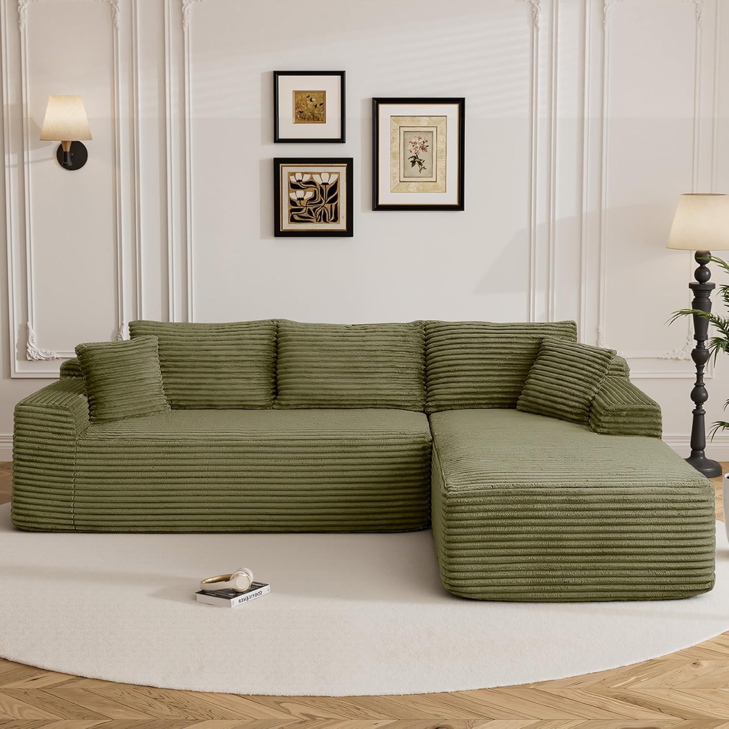 95" Boneless Cloud Sectional Couches for Living Room, Comfy Fluffy L Shaped Memory Foam Deep Seat Boneless Couch, Modular Sectional Sofa with Right Facing Chaise, Olive Green