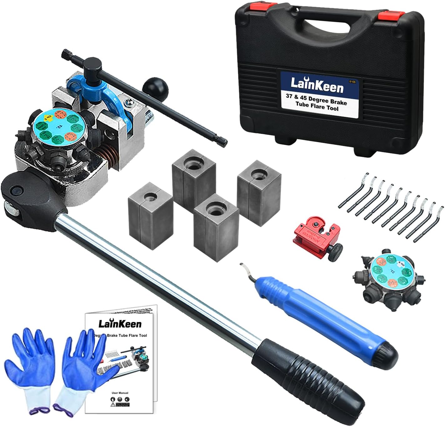 LainKeen Professional Brake Line Flaring Tool Kit, 45 and 37 Flaring Tool Set, Single, Bubble and Double Flare Tool Set for Brake Lines, Brake Flare Tool Kit for 3/16" 1/4" 5/16" 3/8" Tubes