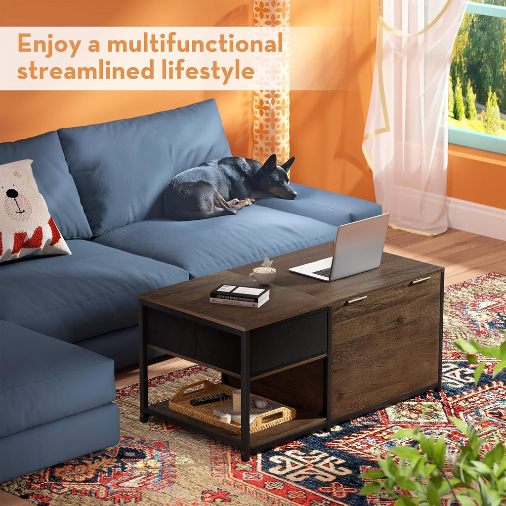 SINPAID Coffee Table with Storage, Rectangular Coffee Tables for Living Room, Farmhouse Coffee Table with Hidden Storage Compartment and Adjustable Shelves, Walnut