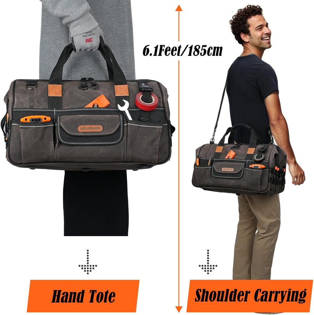 WELKINLAND 18 Inch Waxed Canvas Tool Bag, Heavy-Duty Electrical Tool Bag, Large-Opening 28-Pocket Tools Bag, 36L Tool Bags For Men, Quick-Access HVAC Tools Bags