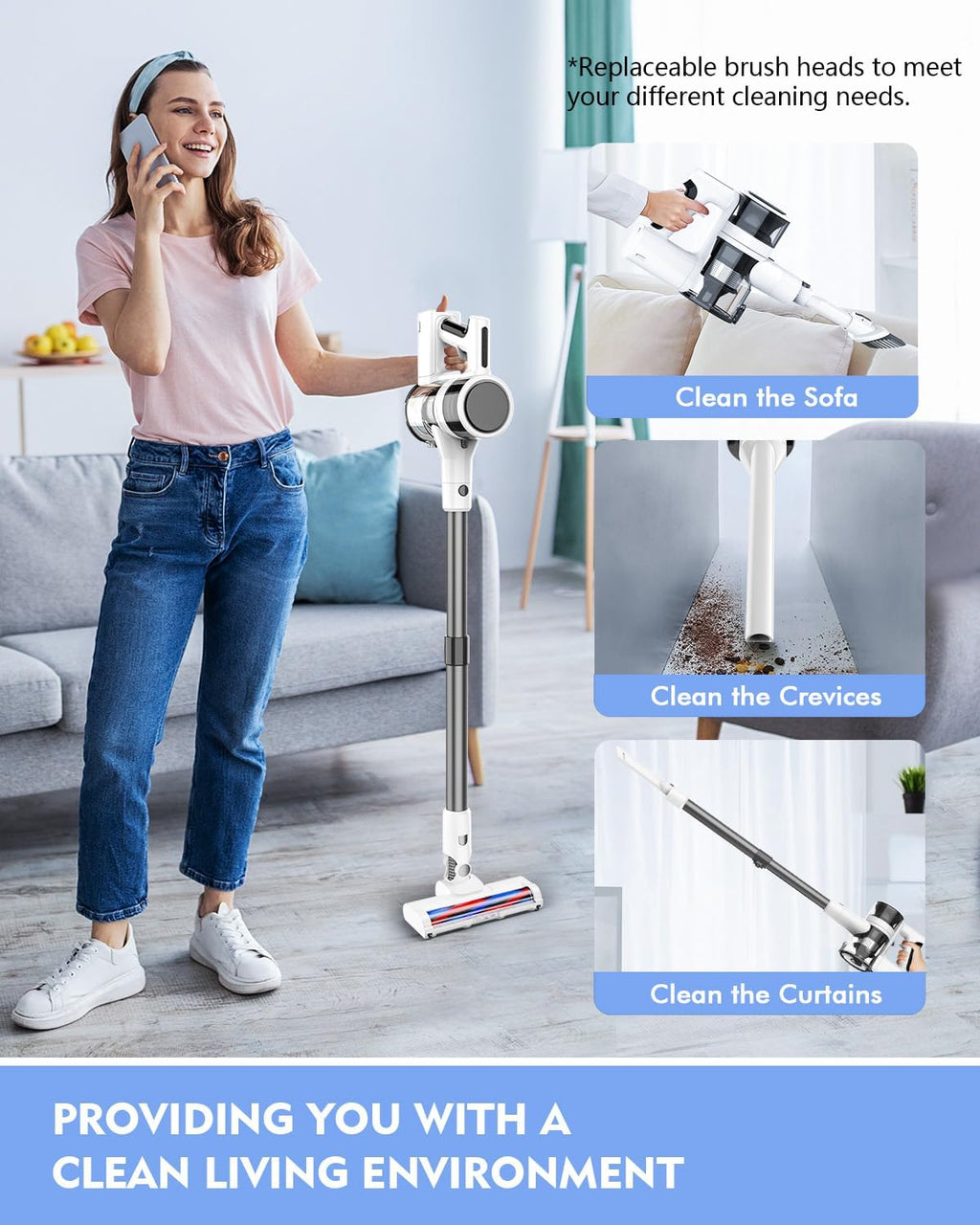 Cordless Vacuums, Detachable Parts Stick Vacuum (Pearl White)