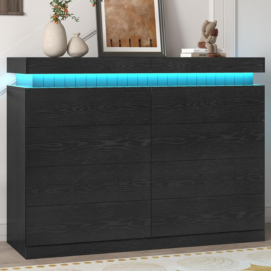 Tall Black 8 Dresser for Bedroom, Sliding Top Storage Space, Modern Wood Drawers with LED Light and Power Outlet, Large Chest of Drawer for Living Room, Hallway, Entryway (8 Drawers,Black)