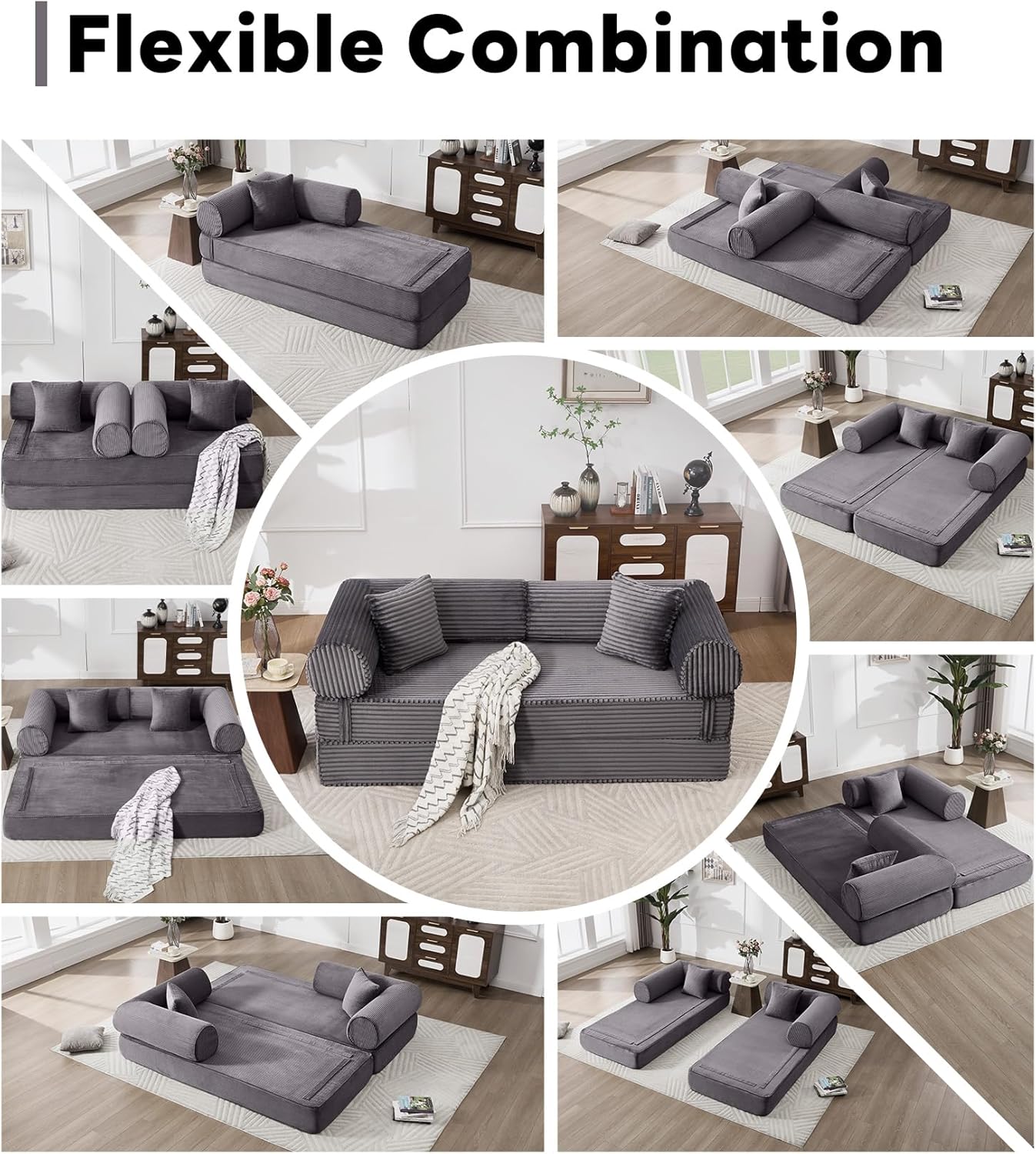 Tbfit Boneless Sofa Bed, Corduroy Compress Couch with Wide Armrests & 2 Pillows, Deep Seat Couches for Living Room, Gray
