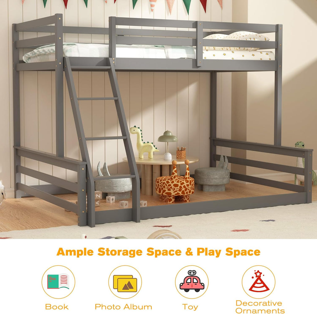 TOLEAD Low Bunk Bed Twin Over Full, Floor Bunk Bed with Ladder, Wooden Bunk Bed with Full Guardrails, Low Bunk Bed for Juniors, Boys, Girls, Kids, Bedroom, Grey
