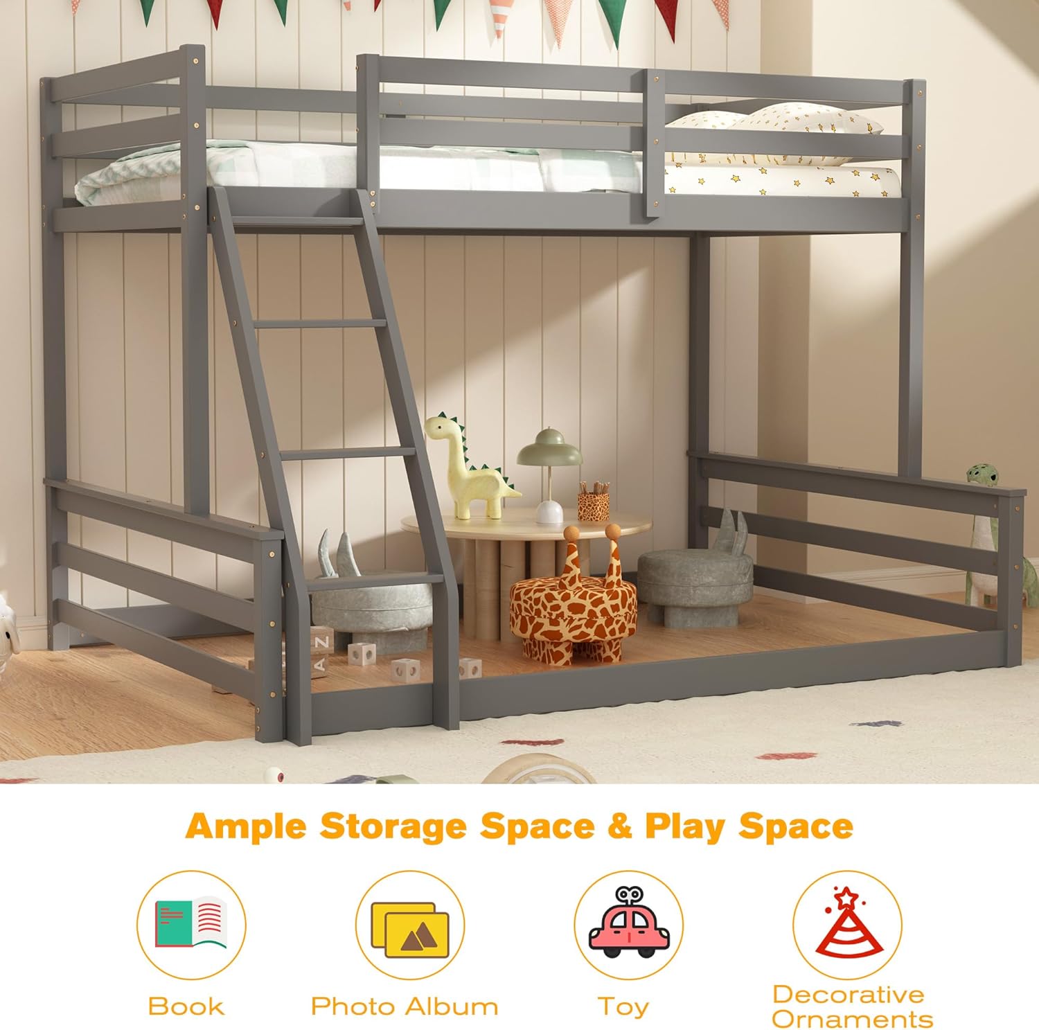 TOLEAD Low Bunk Bed Twin Over Full, Floor Bunk Bed with Ladder, Wooden Bunk Bed with Full Guardrails, Low Bunk Bed for Juniors, Boys, Girls, Kids, Bedroom, Grey