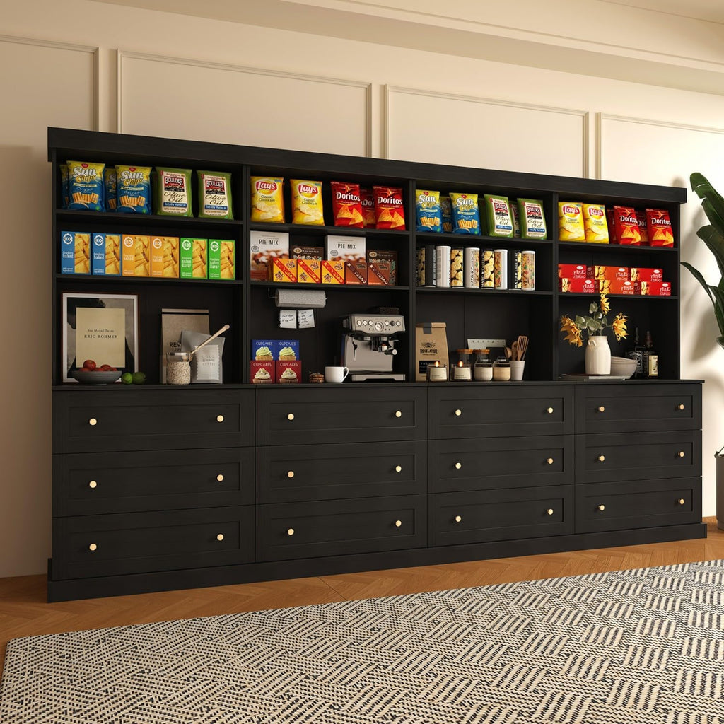 71" Tall Farmhouse Kitchen Pantry, Large Storage Cabinet with Drawers, Freestanding Coffee Bar Hutch with Microwave Stand, Adjustable Shelves for Kitchen, Living Room, Black 4 Pcs