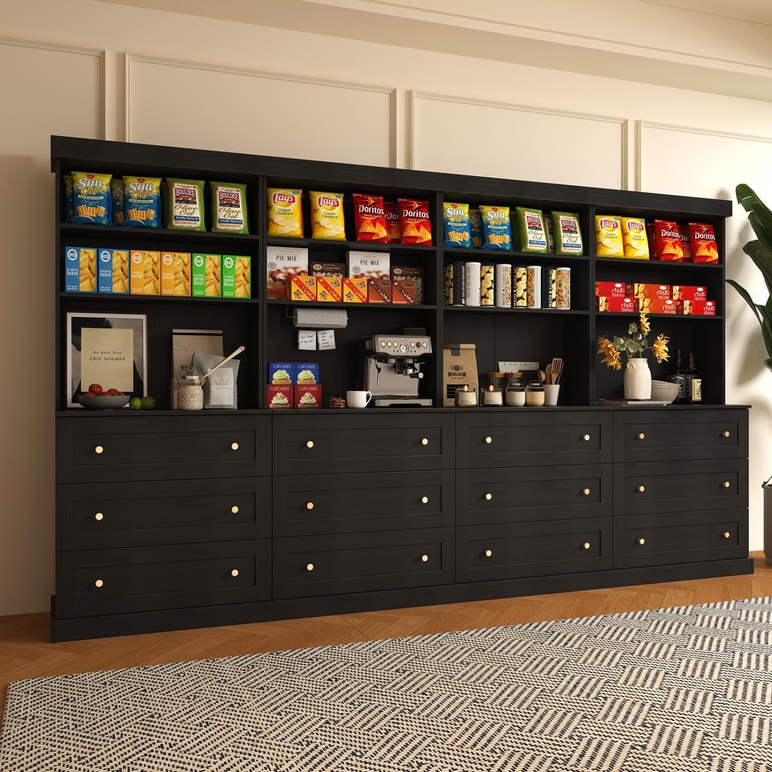 71" Tall Farmhouse Kitchen Pantry, Large Storage Cabinet with Drawers, Freestanding Coffee Bar Hutch with Microwave Stand, Adjustable Shelves for Kitchen, Living Room, Black 4 Pcs
