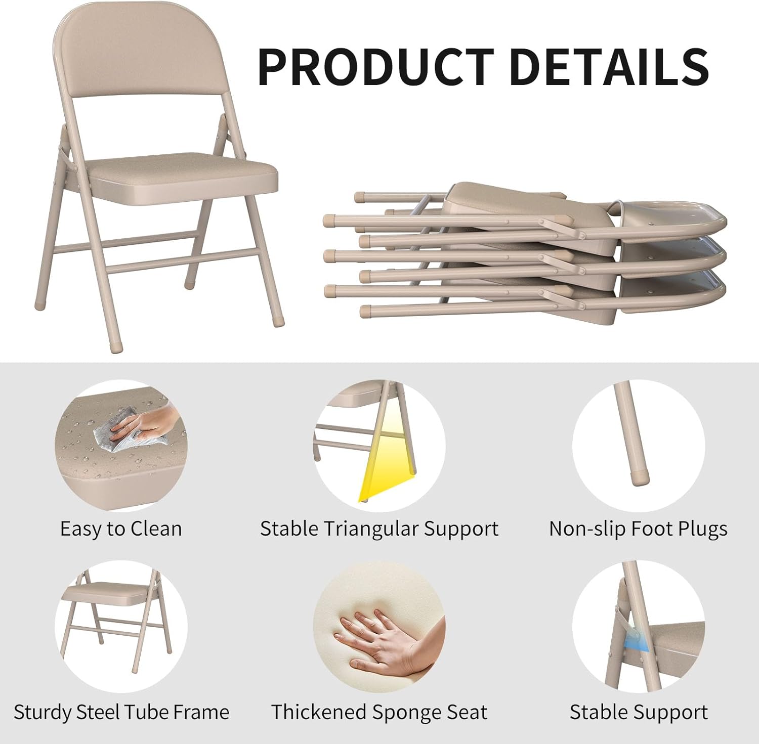 YLGJ&TIDY Set of 4 Folding Chairs with Padded Cushion and Steel Legs Portable Foldable Chairs Metal Folding Chair for Outside Indoor Dining Room Office Party, No Assembly, Beige