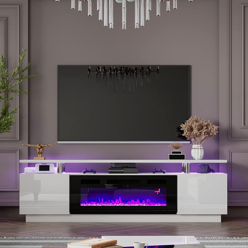 Modern Fireplace TV Stand with 36" Electric Fireplace,Finish Media Console with Open Storage, LED Lights Entertainment Center for TVs Up to 80", White