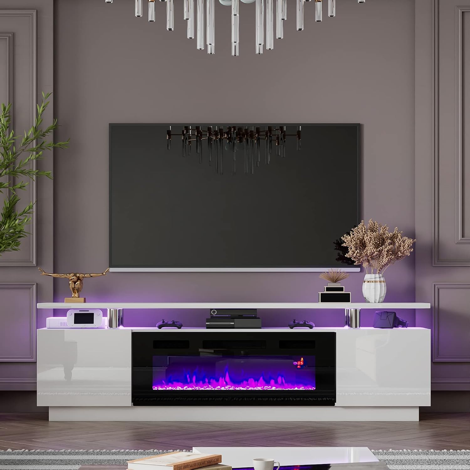 Modern Fireplace TV Stand with 36" Electric Fireplace,Finish Media Console with Open Storage, LED Lights Entertainment Center for TVs Up to 80", White