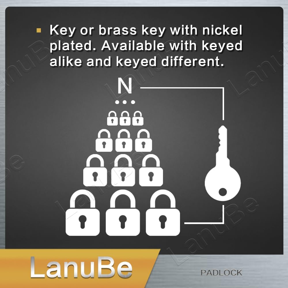 LanuBe Lock Laminated keyed Padlock (1-9/16"  40mm)  keyed Alike Locks  Long Shackle Marked Black Plastic Hoop  Pack of 100