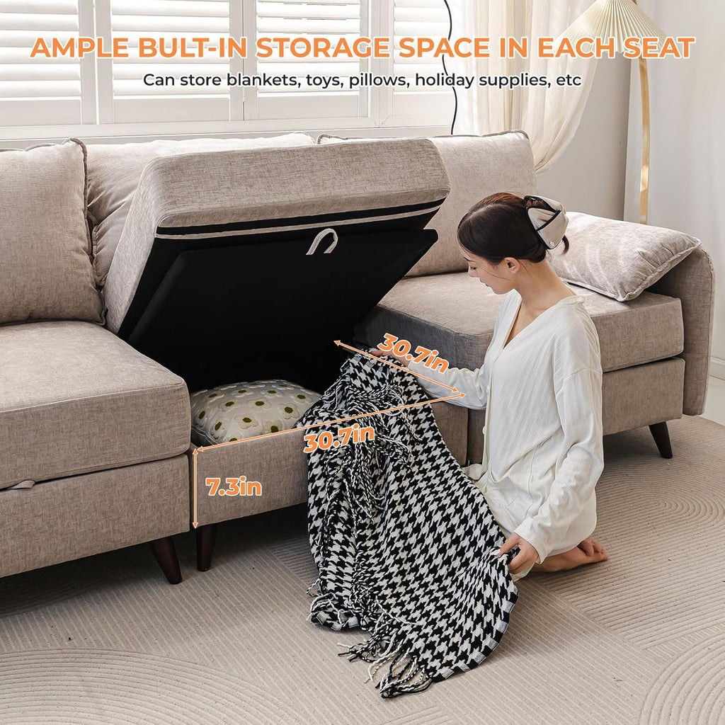 104'' Modular Sectional Sofa with Seats Storage,Oversized L Shaped Couch with Deep Seat,3-Seater Comfy Cloud Couches for Living Room, Movable Ottoman,Chenille,Khaki