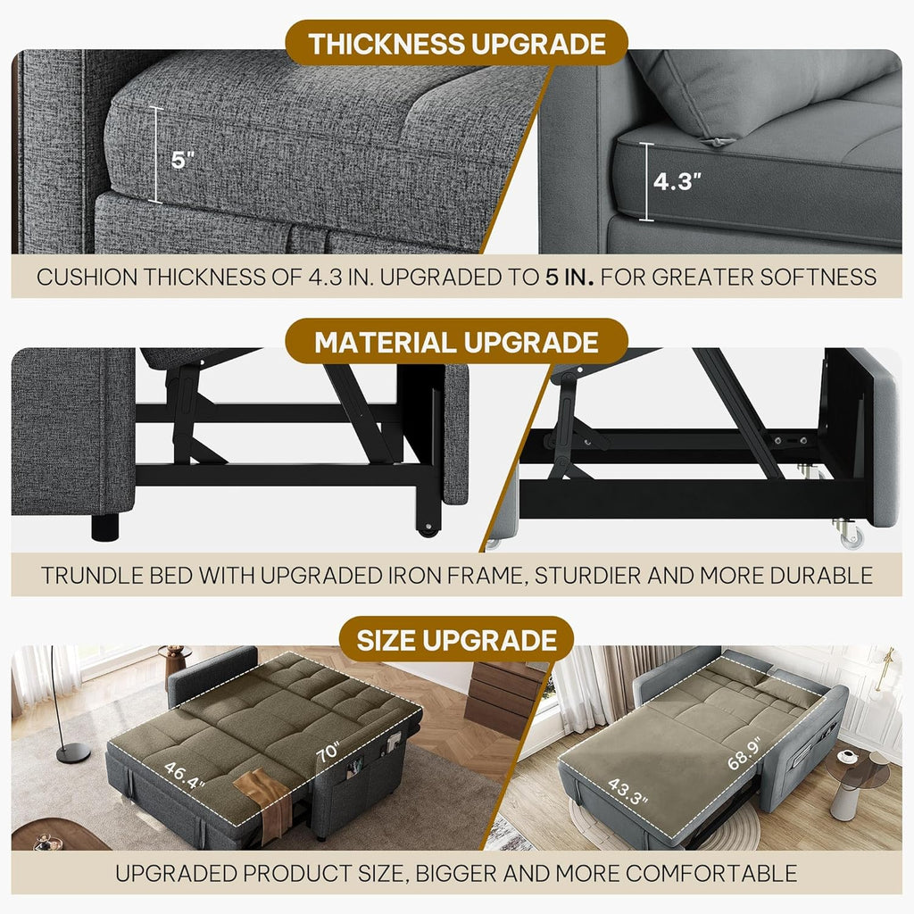 DWVO 55" Convertible Sofa Bed, 3-in-1 Sleeper Sofa with Pull-Out Bed, Linen Futon Couch with Adjustable Backrest and Side Pocket, Modern Loveseat for Living Room Apartment, Grey
