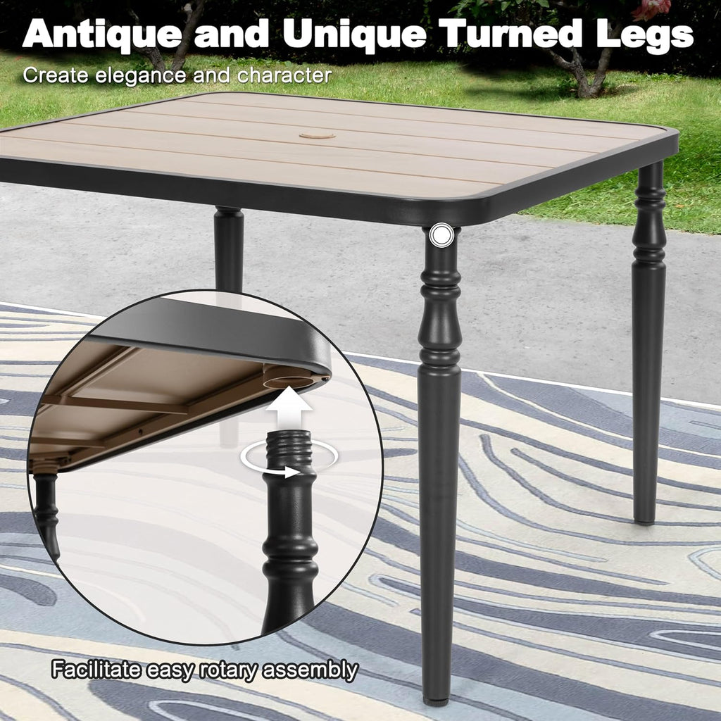 NUU GARDEN 37" Square Outdoor Dining Table, Metal Dining Table with Umbrella Hole, Wood-Grain Tabletop, Weather-Resistant for Garden, Backyard, Deck, Lawn