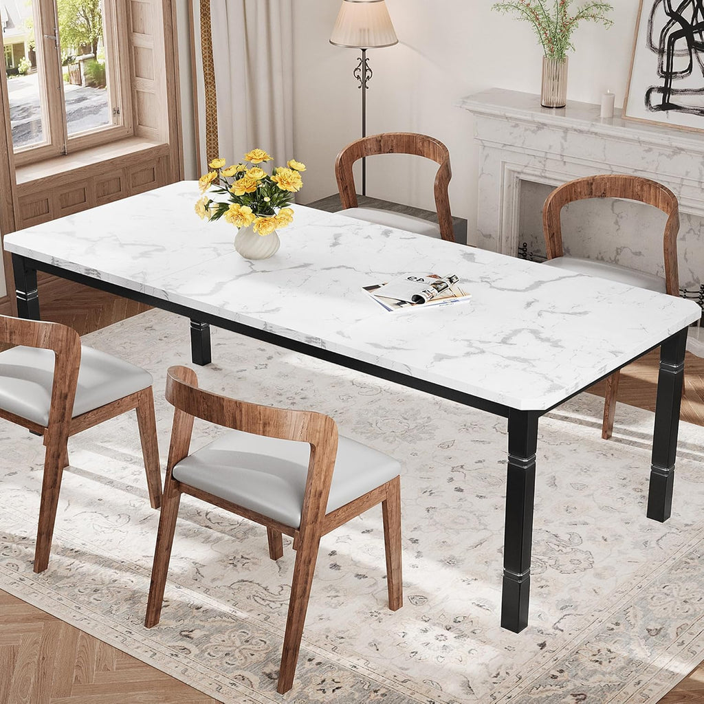 IDEALHOUSE 79" Dining Table for 6-8 People, Modern Rectangular Kitchen Table with Sturdy Metal Legs, Large Wood Farmhouse Dining Room Table for Home Office, Conference, Black & Marble White