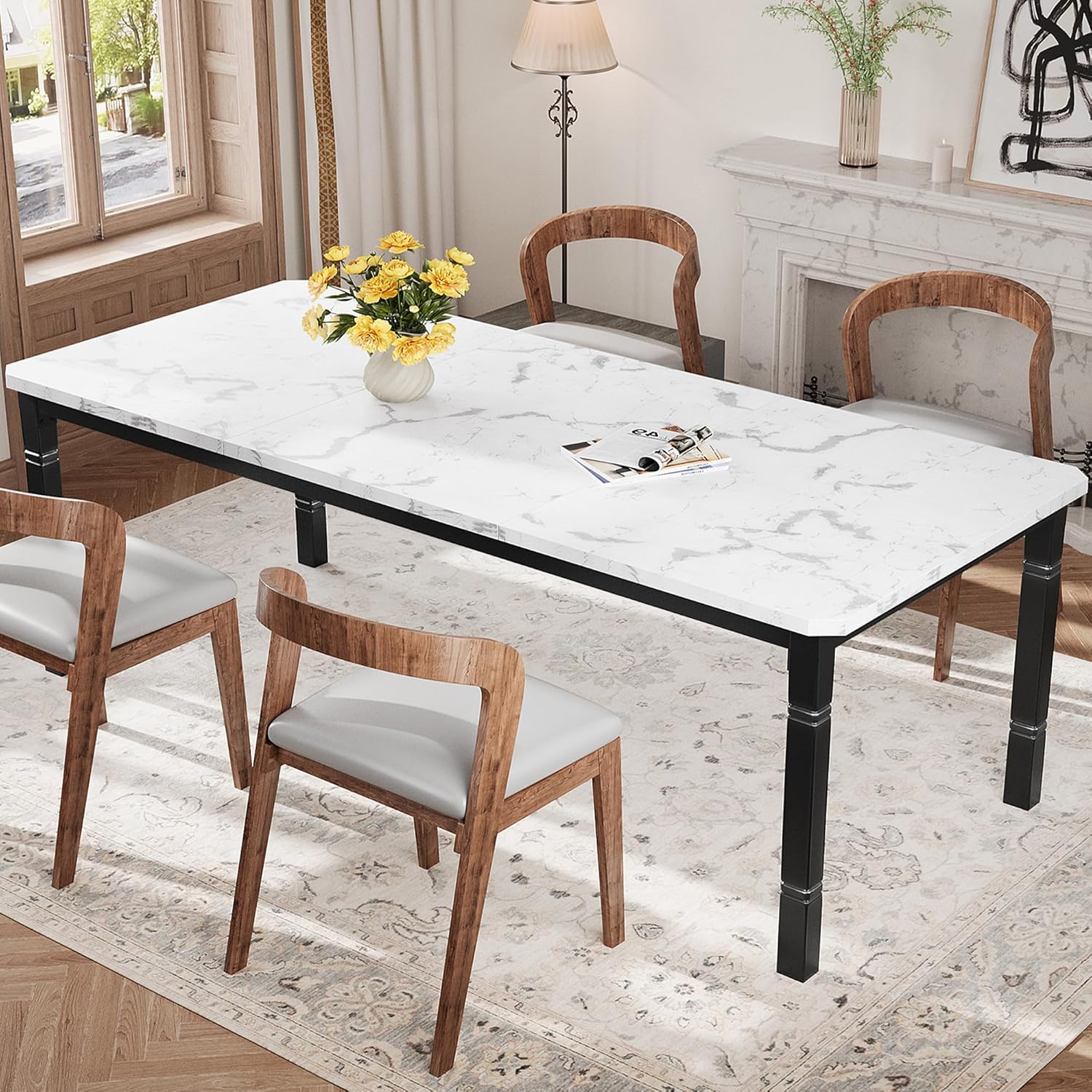 IDEALHOUSE 79" Dining Table for 6-8 People, Modern Rectangular Kitchen Table with Sturdy Metal Legs, Large Wood Farmhouse Dining Room Table for Home Office, Conference, Black & Marble White