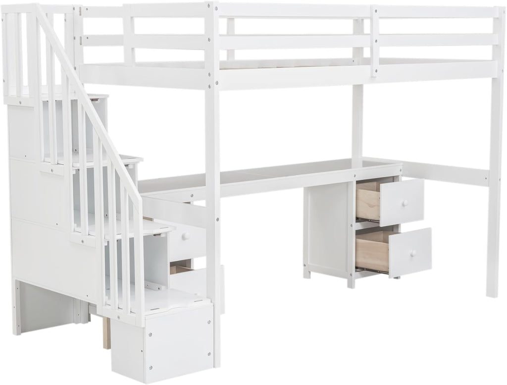 Harper & Bright Designs Low Loft Bed Twin Size with Desk, Twin Loft Bed with Drawers & Stairs & Guardrails for Kids Bedroom Guest Room, Under-Bed Space, No Box Spring Required, Space Saving, White