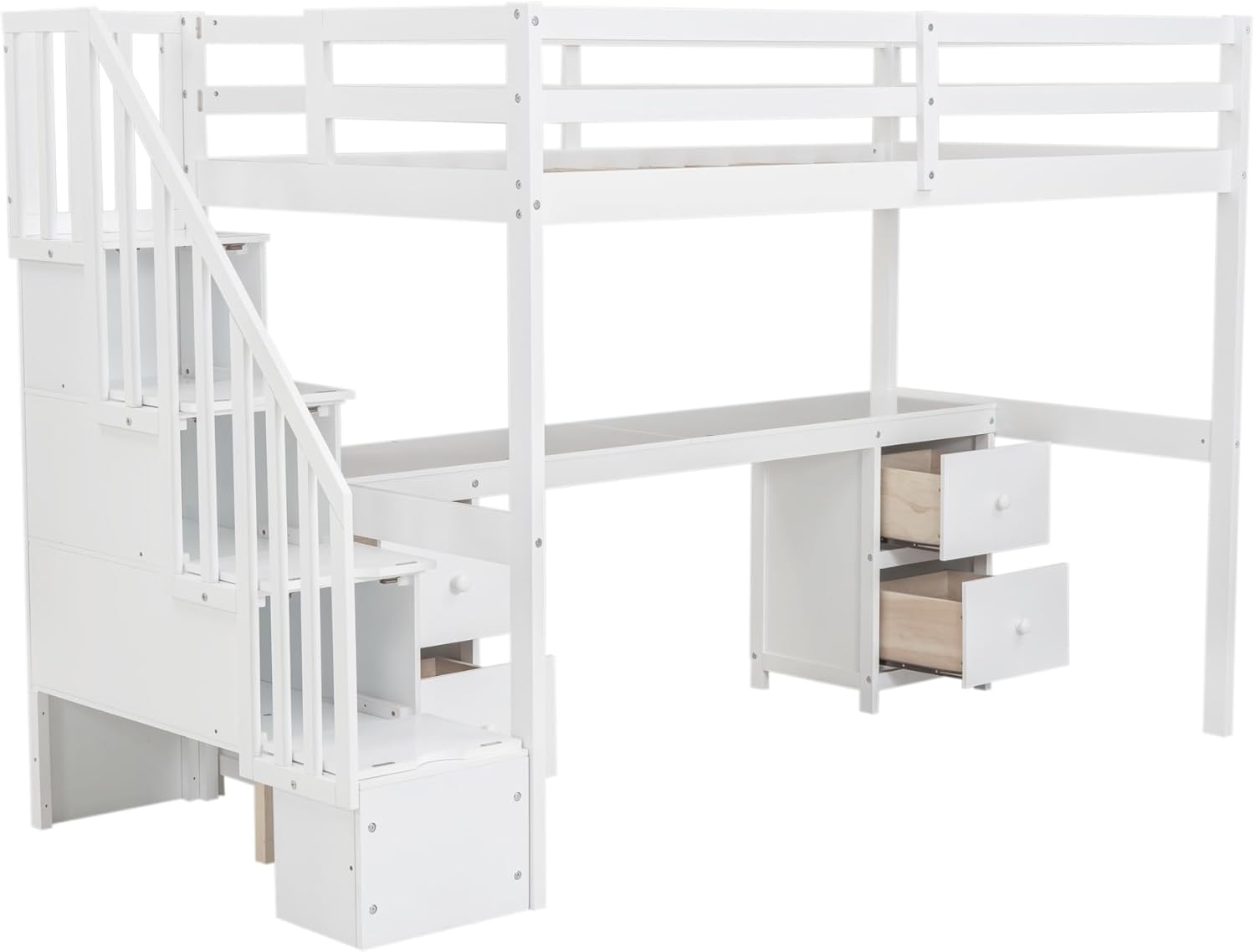 Harper & Bright Designs Low Loft Bed Twin Size with Desk, Twin Loft Bed with Drawers & Stairs & Guardrails for Kids Bedroom Guest Room, Under-Bed Space, No Box Spring Required, Space Saving, White