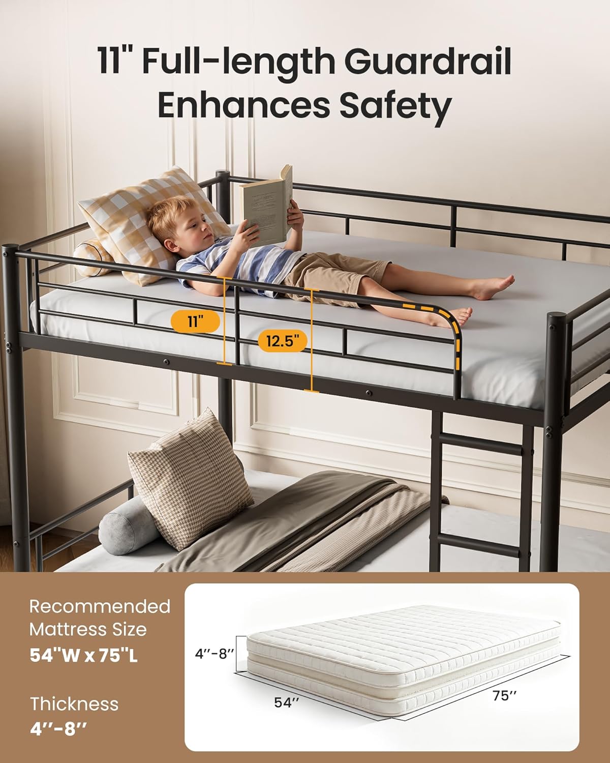 Full Over Full Metal Bunk Bed for Adults & Kids, Convertible to 2 Separate Full Size Beds, Heavy Duty Bunk Bed Frame with Full-length Guardrail & EVA Padded Ladder, No Box Spring Needed, Black