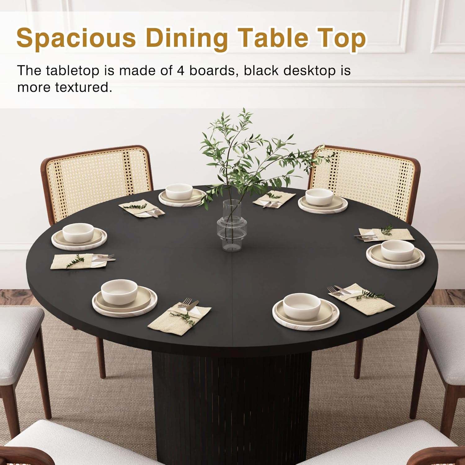 weselon Round Dining Table for 4, Modern Farmhouse Kitchen Table, 47 Inch Small Circle Dining Tables with Wood Strip Base for Kitchen Living Room (Black)